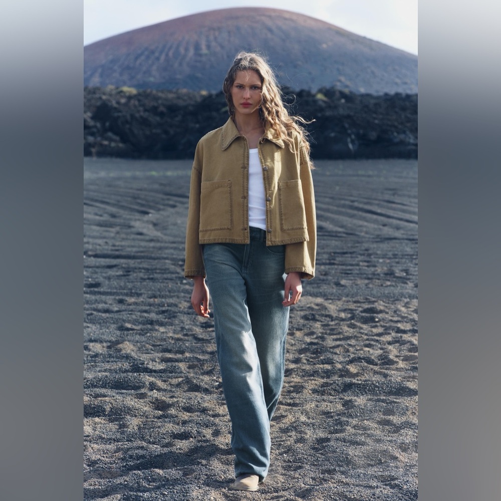 ZARA Oversized Cotton Utility Overshirt Khaki Green Topstitch Jacket Size Small - Picture 3 of 10